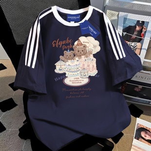美式复古纯棉小熊印花短袖t恤女夏季宽松学生设计感三条杠上衣潮