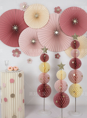 春夏莫兰迪粉Dusty Pink纸扇花商场珠宝店面橱窗吊件服装店美陈