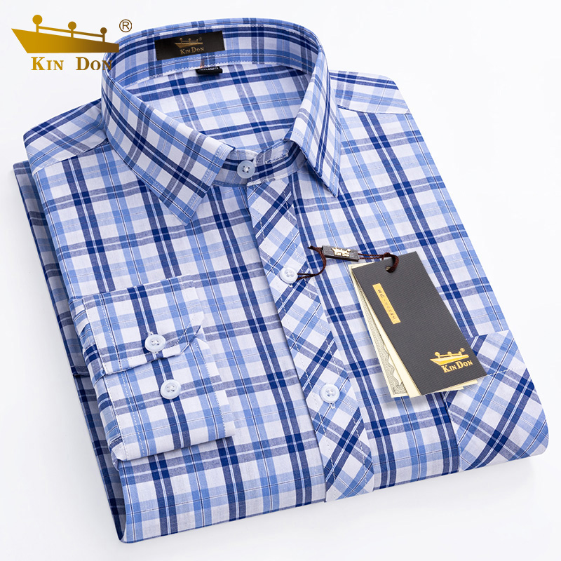 金盾方领长袖格子纯棉衬衫