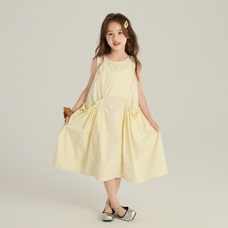 女童洋气纯棉无袖连衣裙夏装2026新款中大童纯色百搭儿童公主裙子