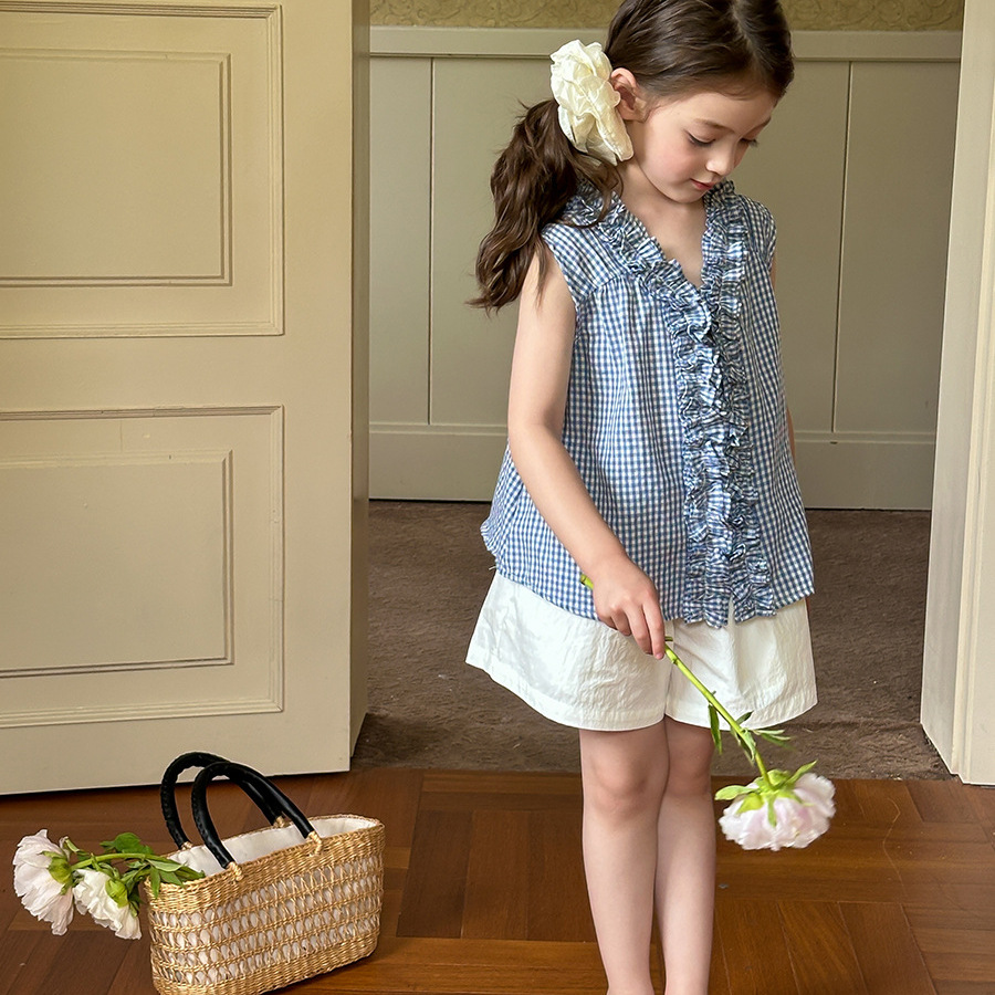 女童洋气格子无袖T恤上衣