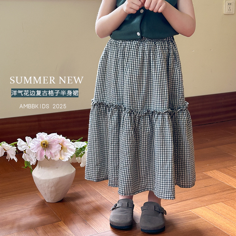 女童洋气格子中长款半身裙