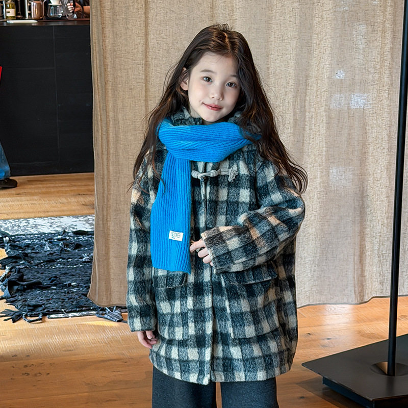 女童洋气格子毛呢大衣妮子外套冬