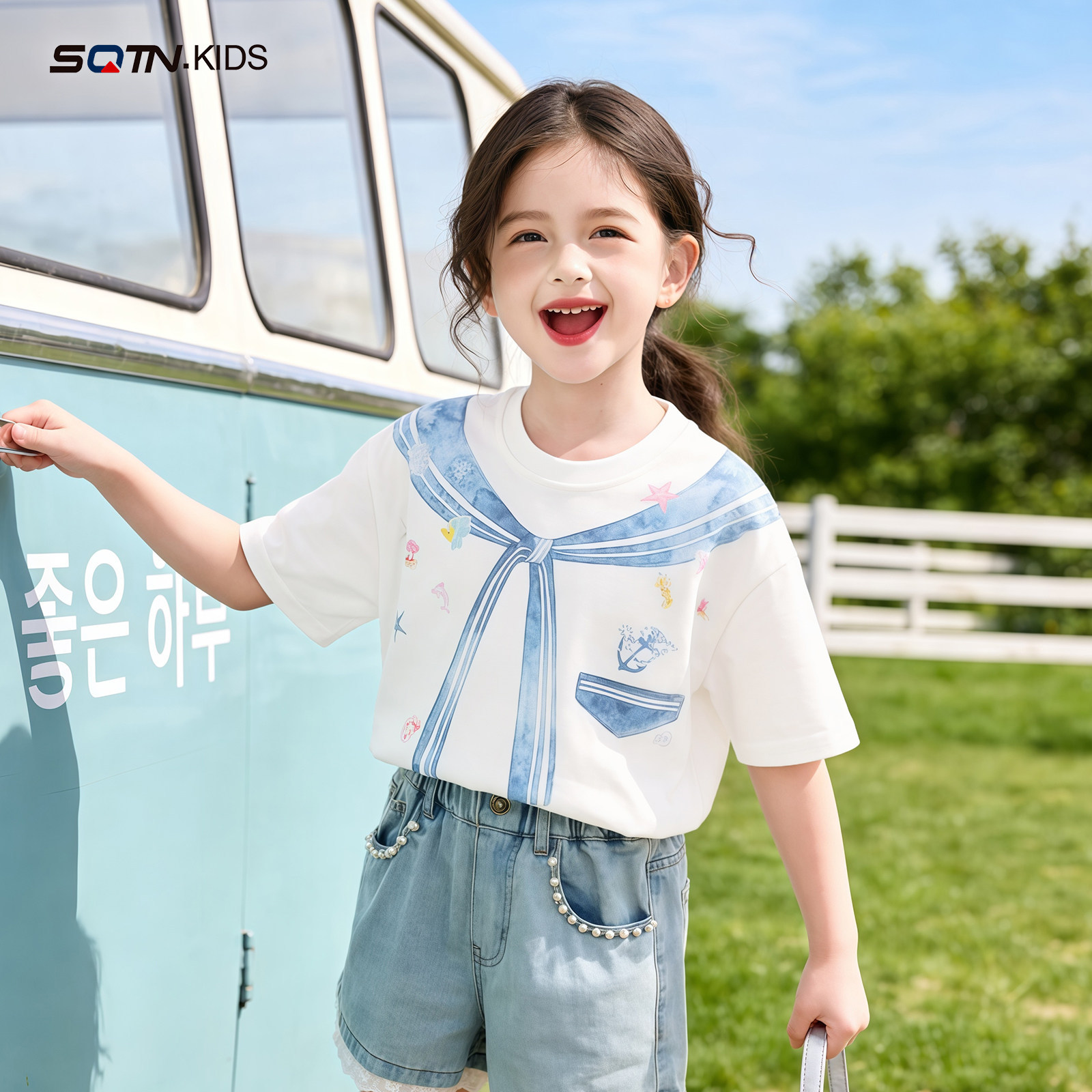 神奇童年女童学院风短袖及图形夏