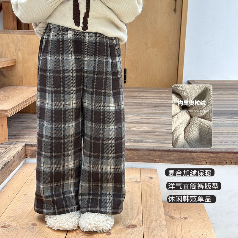 女童洋气毛格子休闲裤加绒长裤子