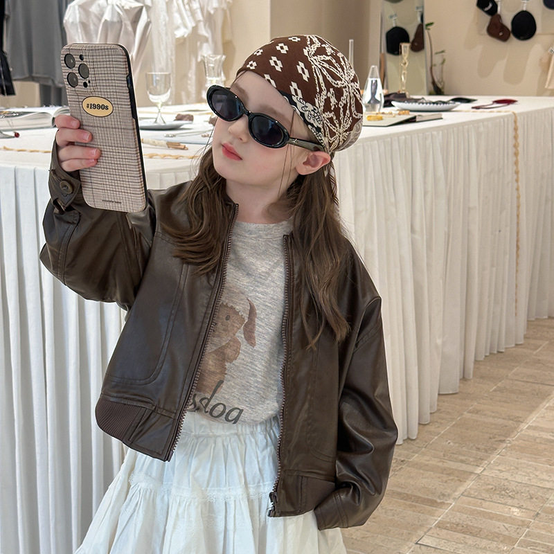 女童洋气时尚皮衣秋冬季新款女孩宽松百搭夹克儿童时髦机车服外套