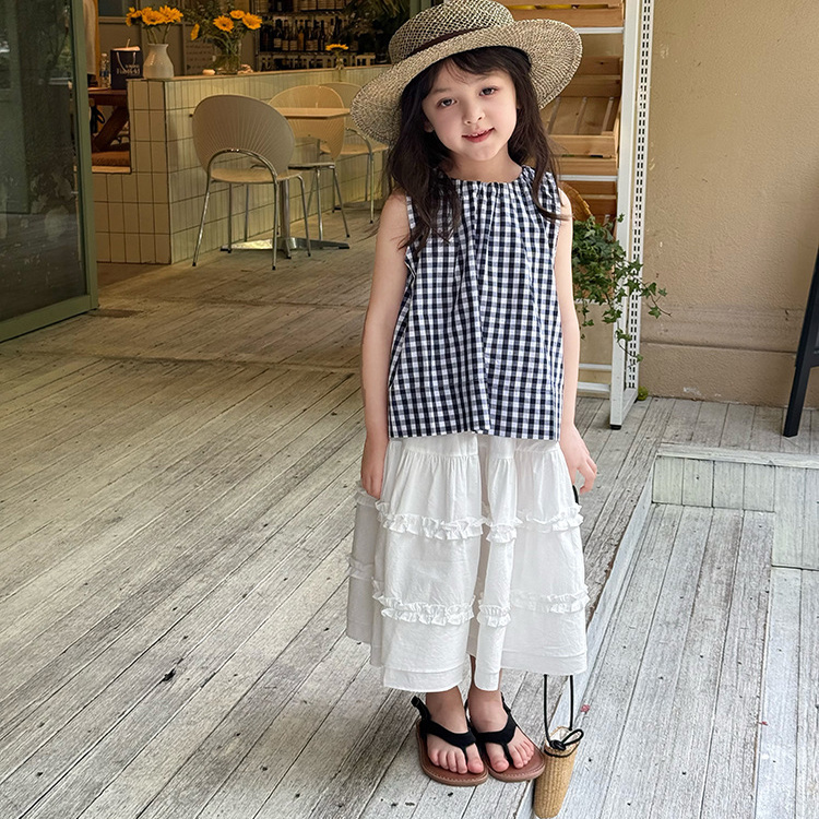 女童洋气格子背心吊带T恤