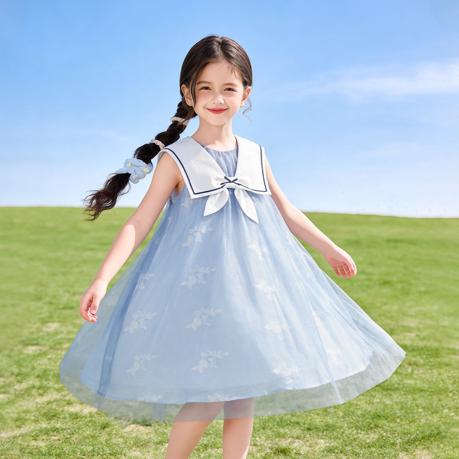 女童夏季海军风连衣裙薄款2026新款中大童女孩翻领儿童网纱背心裙