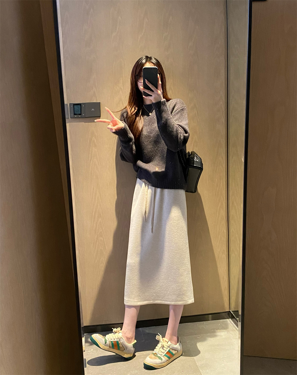 重磅日单日系女装加厚醋酸羊毛松紧腰开衩显瘦中长款半身裙女秋冬