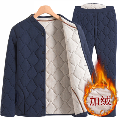 爷爷加厚弹力棉服两件套冬装深蓝