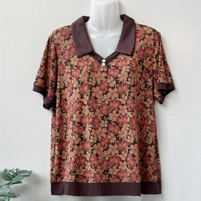 中年妈妈翻领薄款花色短袖T恤女