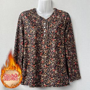 中年妈妈加绒打底衫女中老年大码时尚花色加厚长袖T恤洋气可外穿