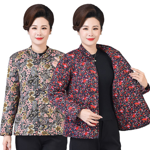 长袖驼绒棉简约花色小棉袄妈妈装