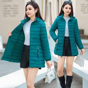 修身棉衣女中长款可拆卸帽轻薄棉服大码外套秋冬季冬季保暖棉袄