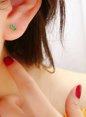 高级感首尔k金纯10k/14k金黄金首饰耳钉 迷你绿色锆石螺纹女单只