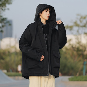 EECOOL冲锋衣棉服外套男生冬季加棉加厚潮牌美式宽松大码连帽棉袄