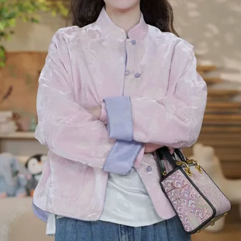 2025冬高端定制真丝丝绒烧花夹棉外套上衣女轻奢品质新中式设计感