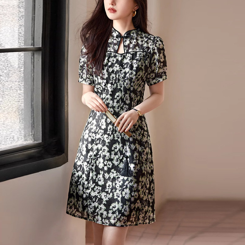 bllouke裙子女连衣裙真丝改良旗袍新中式国风碎花收腰小个子洋气