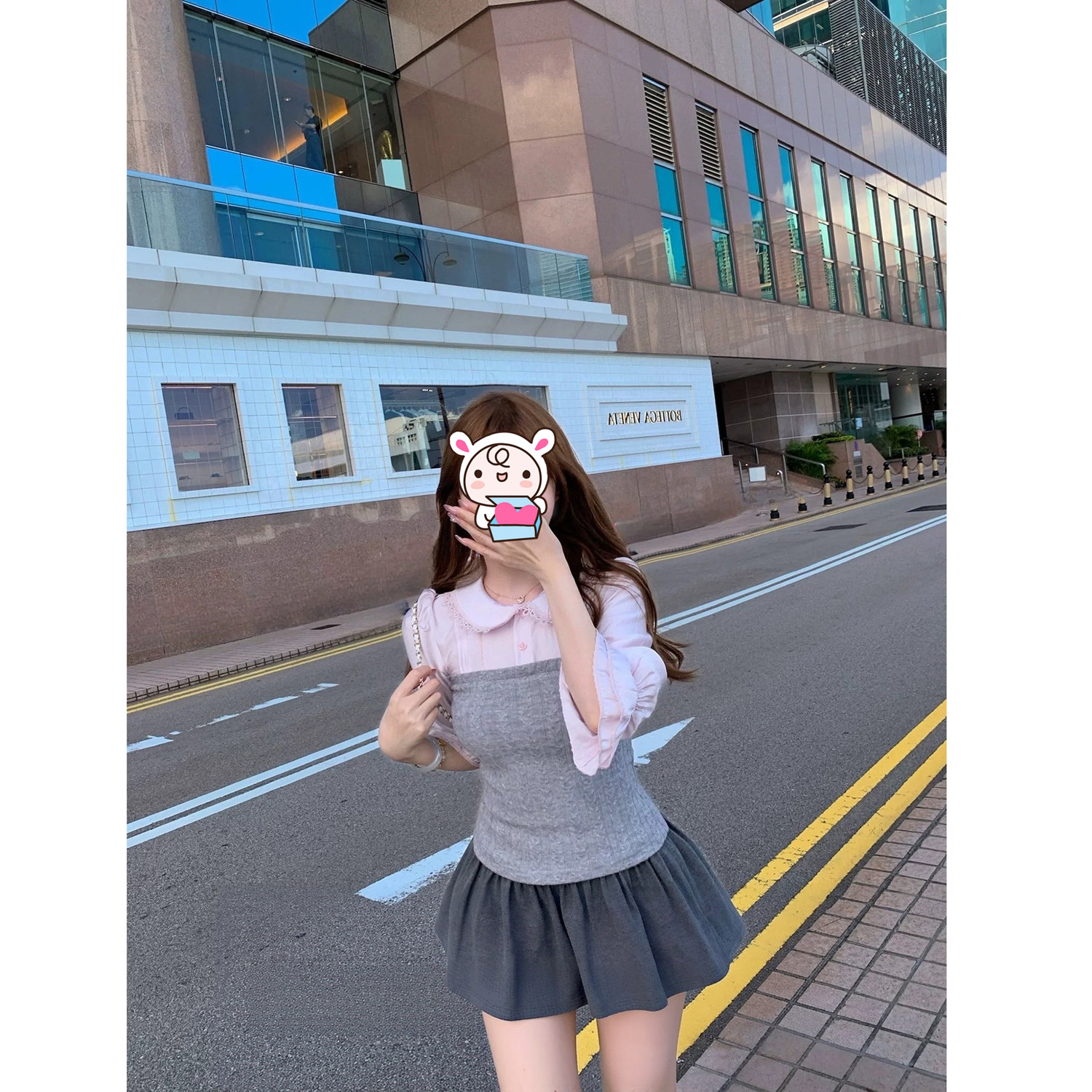 Lkiura 学院信笺 粉色娃娃领针织拼接衬衫女秋冬收腰显瘦上衣