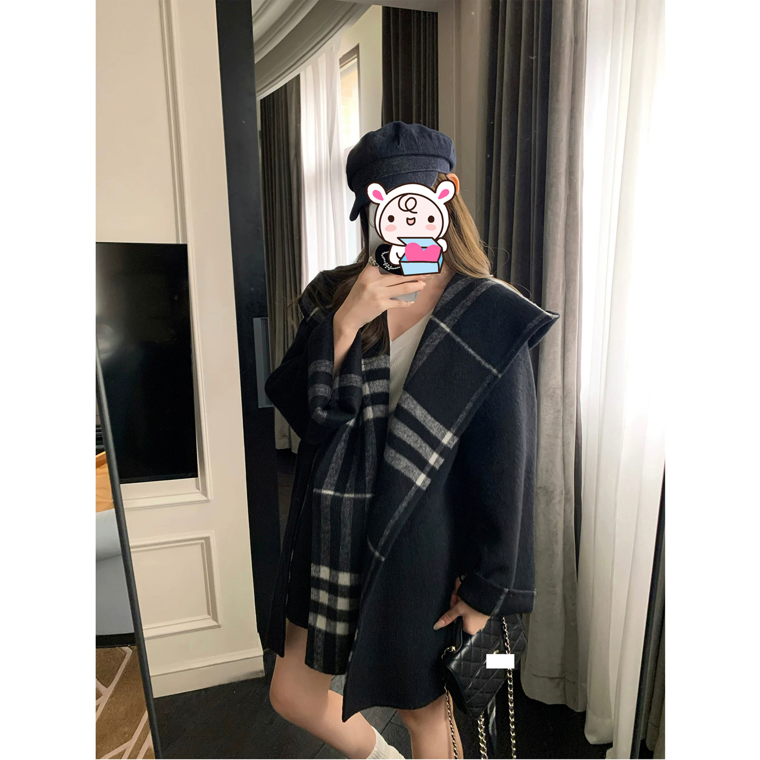 Hiihy 巴黎复古格纹斗篷羊毛大衣女秋冬高级感披肩双面流浪呢外套