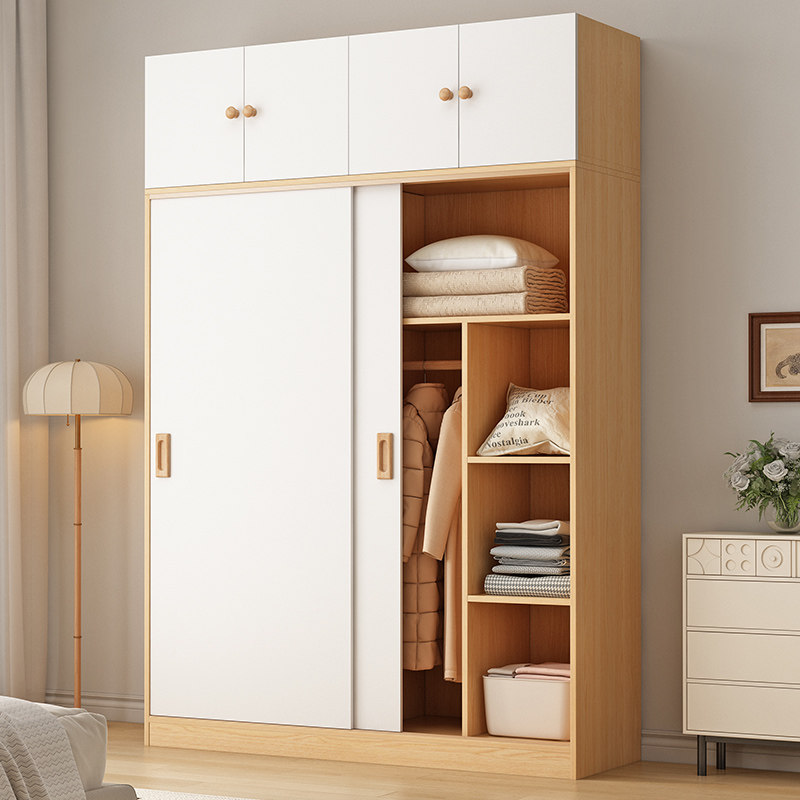 实木衣柜家用卧室原木风出租房用儿童定制移门储物推拉门收纳柜子