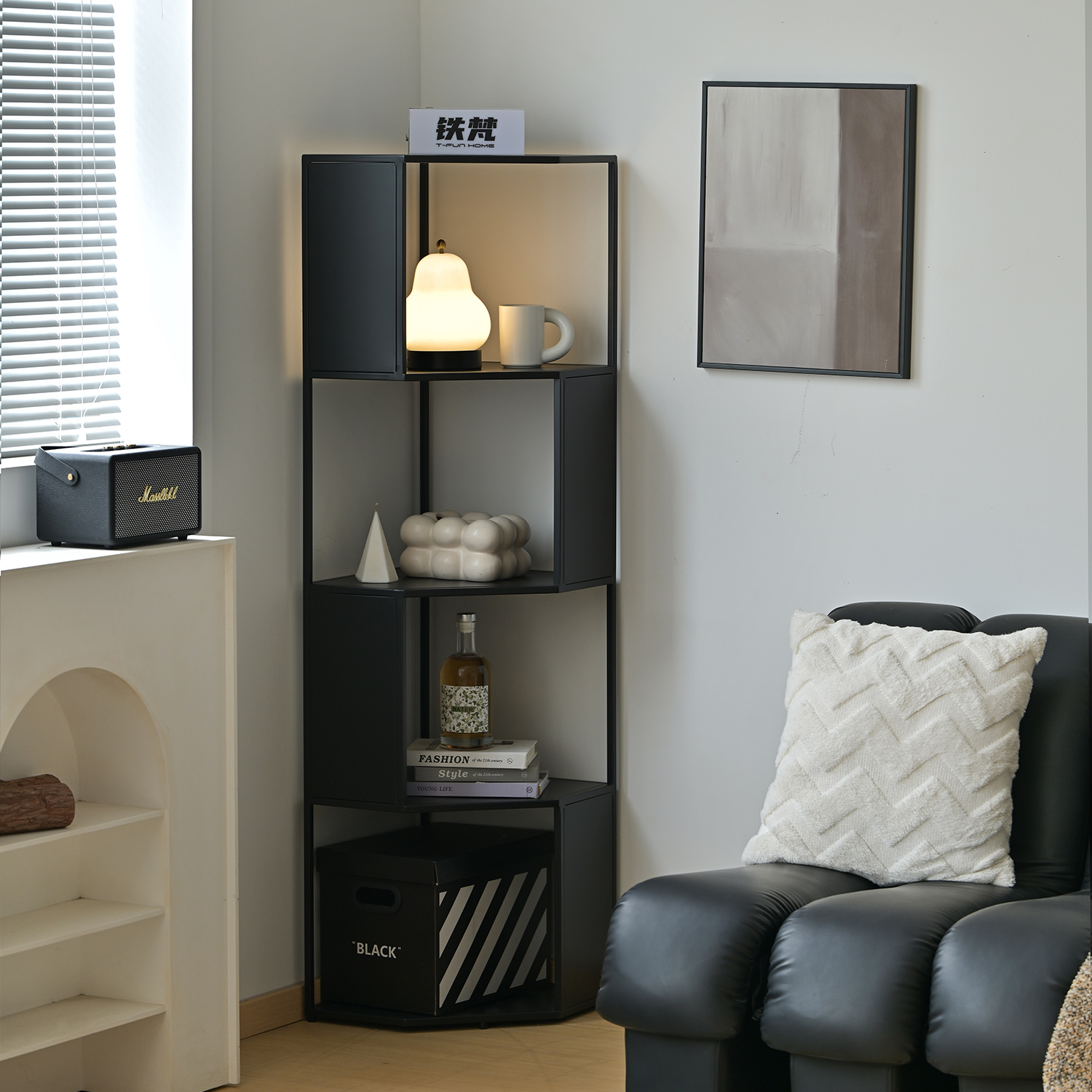 铁梵客厅落地置物架转角书架一体靠墙书架墙边小窄柜墙角拐角铁艺