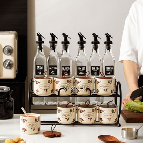 中古风调味罐套装家用油壶盐罐置物架法式厨房陶瓷调料瓶罐收纳架