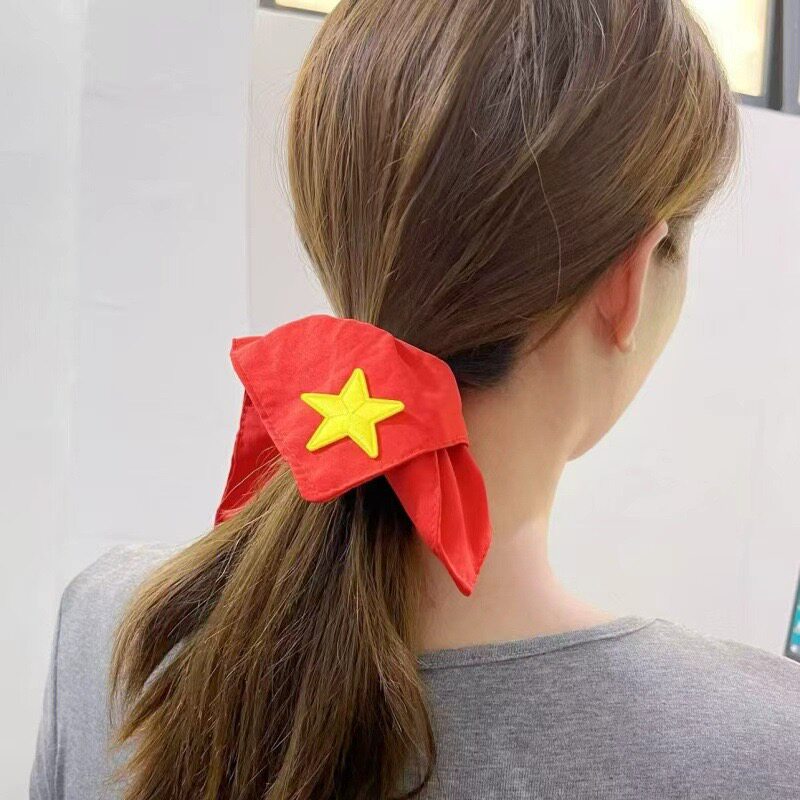 红色五角星方巾大肠发圈女国风喜庆扎头发绳日常通勤丸子头绳发饰