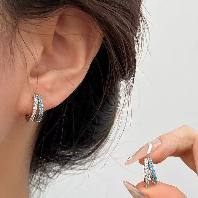 超好看独特漂亮耳饰双层蓝色水钻耳扣女耳圈高级感设计耳环轻奢冷