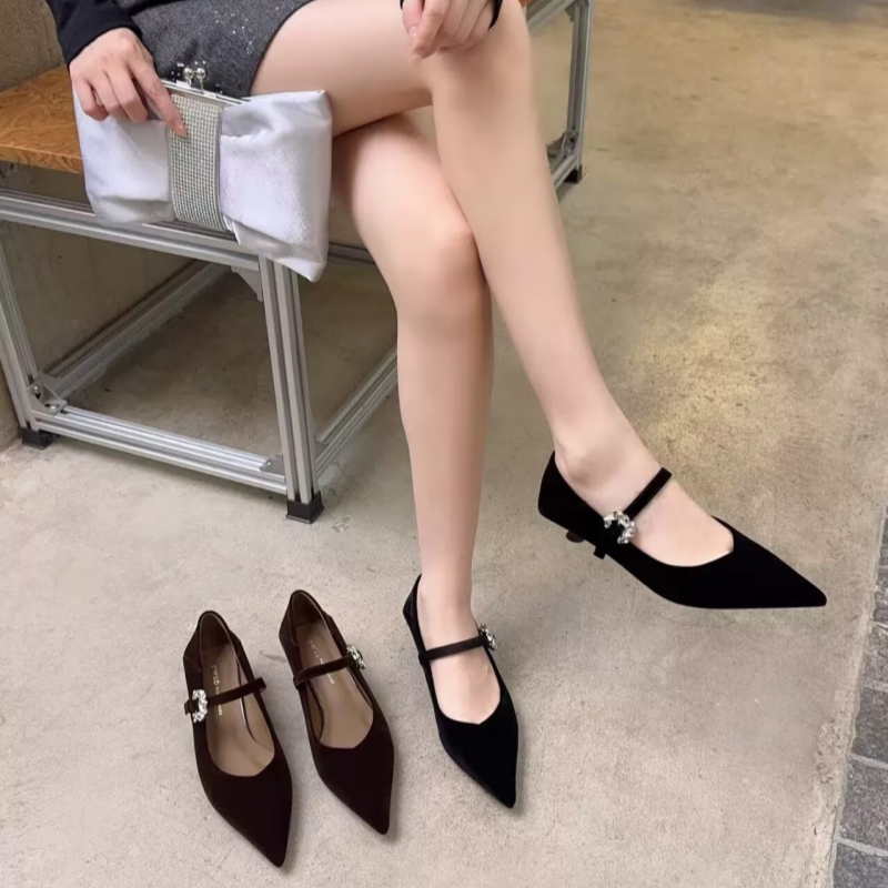 商场断码绒面尖头低跟单鞋女时尚一字带玛丽珍细跟工作鞋YD25110