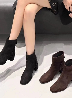 专柜商场撤柜断码粗跟方头时尚后拉链时装短靴女G93057-25A