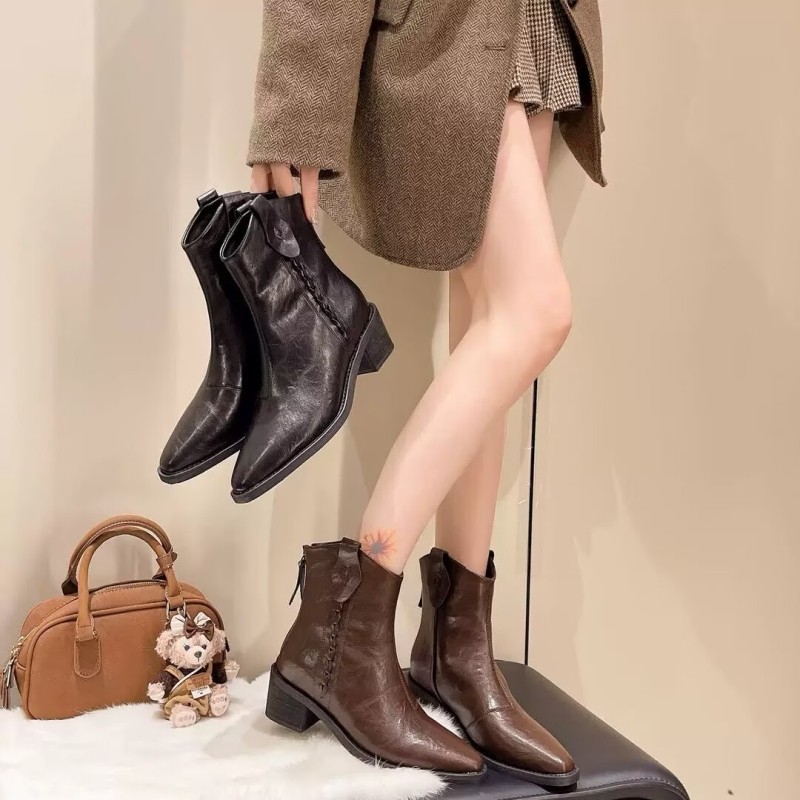 专柜商场撤柜断码复古尖头粗跟后拉链短靴女时尚瘦瘦靴M079119-3A,女鞋,时装靴,淘宝优惠券,粉丝福利购,淘宝优惠卷