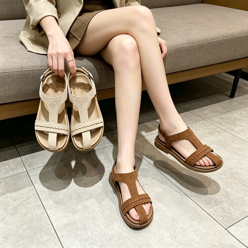 真皮！专柜商场撤柜断码平底休闲罗马风露趾凉鞋女M55-2280-1