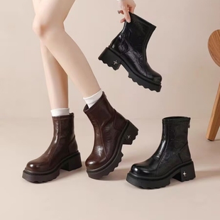 专柜商场撤柜断码 厚底粗跟圆头瘦瘦靴后拉链马丁短靴女Z538307