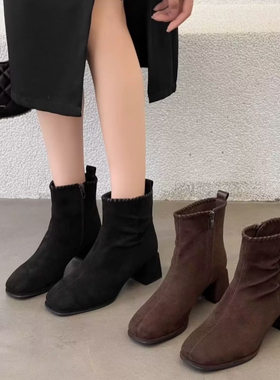 专柜商场撤柜断码中跟粗跟绒面方头时尚洋气时装短靴女G9309-109A