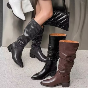 不过膝 92622 专柜断码 褶皱洋气长筒靴女G7 女鞋 粗跟骑士靴