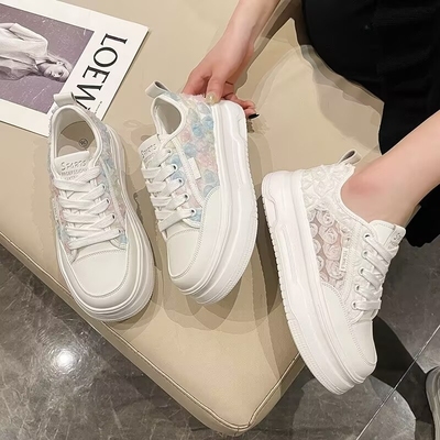 厚底网纱小白鞋女圆头系带松糕鞋