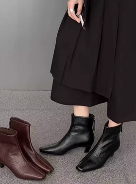 专柜商场撤柜断码粗跟方头后拉链时尚百搭时装短靴女G52-2229-1A