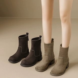 靴Z539598 专柜撤柜断码 短靴女粗跟厚底切尔西靴美拉德风时装