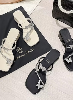 水钻蝴蝶！水晶鞋粗跟凉鞋夏季新款洋气外穿拖鞋女气质D85179-11