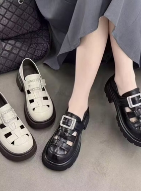 真皮！商场撤柜断码厚底粗跟魔术贴小皮鞋罗马凉鞋女M082050-1