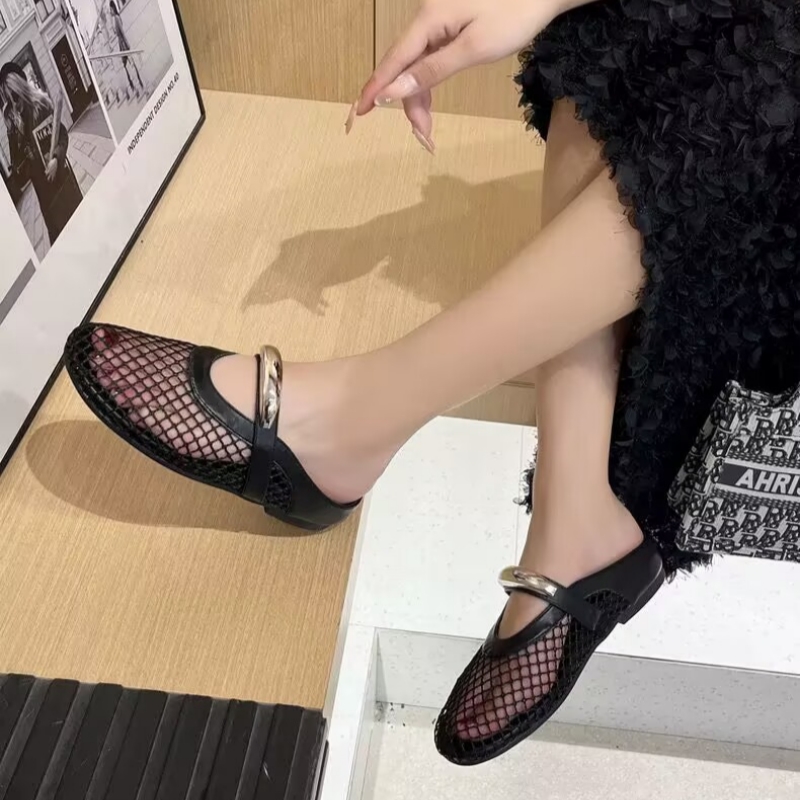商场撤柜断码法式网面包头半拖鞋女外穿渔网镂空拖鞋M028811-1