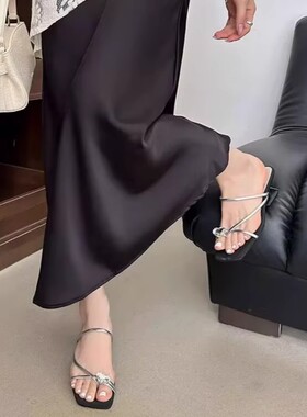 商场撤柜断码法式仙女风方头粗跟一字带露趾夹趾凉拖鞋女YD25087