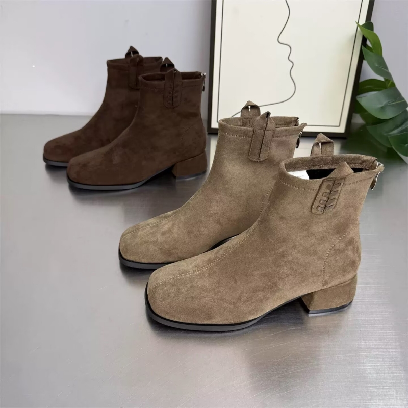 法式绒面短靴女粗跟方头后拉链