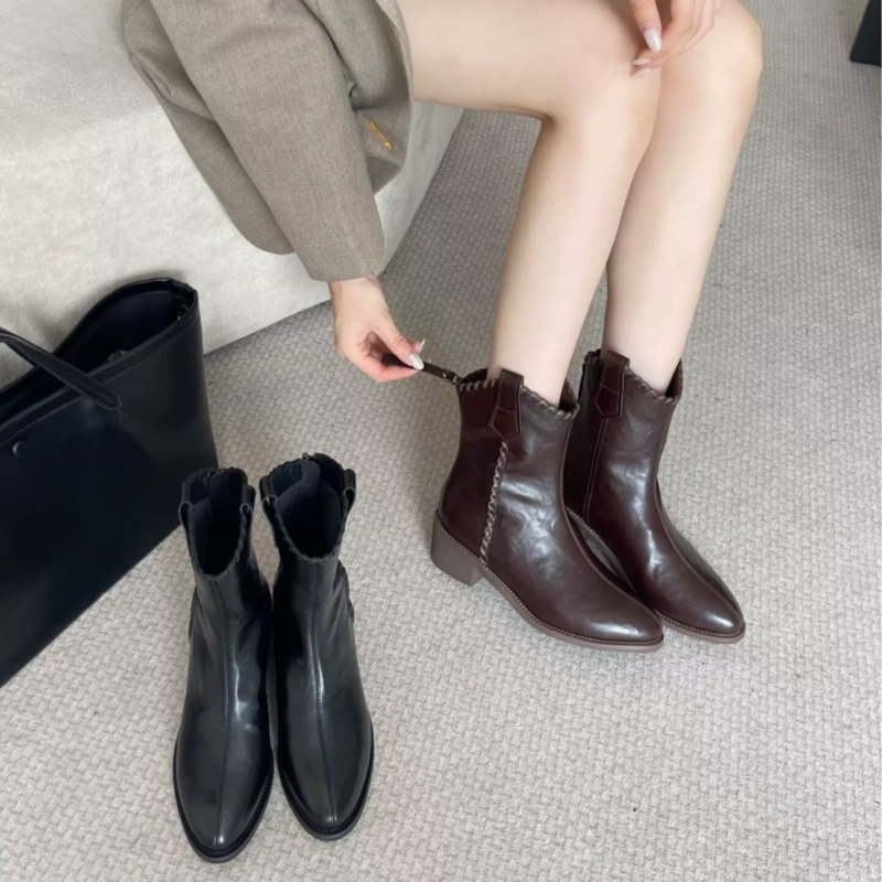 专柜商场撤柜断码粗跟尖头秀气显瘦后拉链西部短靴女KM255301-3B