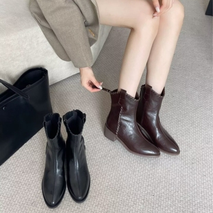 专柜商场撤柜断码低跟粗跟尖头秀气显瘦西部短靴女KM255301-3B