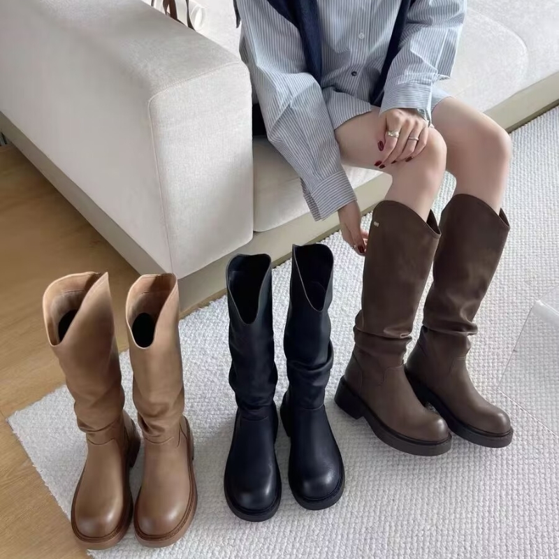 骑士靴！不过膝！专柜特价女鞋平底洋气褶皱长筒靴女KM245313-6B