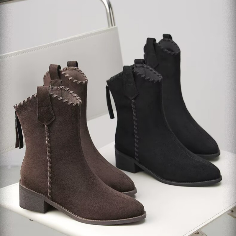 专柜商场撤柜断码处理粗跟圆头后拉链短靴时装靴女KM255301-5A