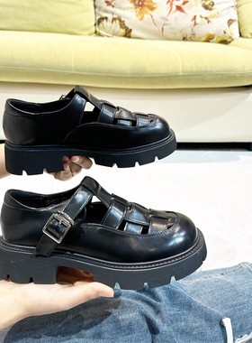 真皮！镂空猪笼鞋女！专柜厚底乐福鞋包头凉鞋罗马鞋D78620-19