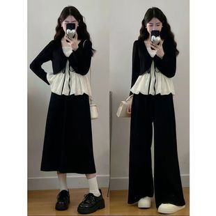 春秋蕾丝上衣半身裙气质温柔秋冬两件套阔腿裤 套装 潮 胖MM大码 新品